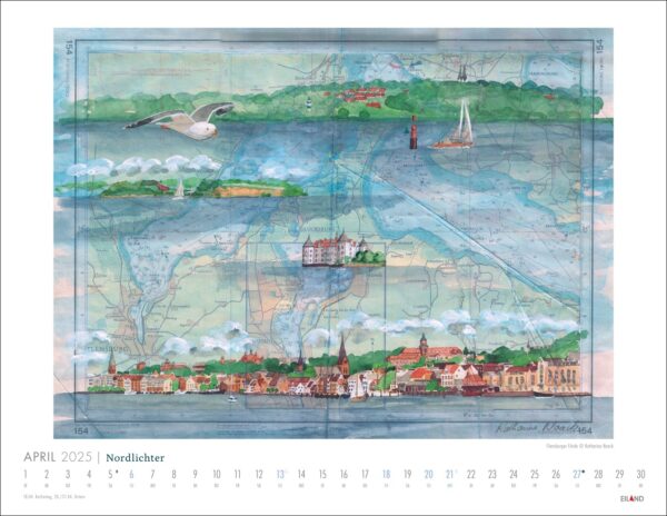 Eine detaillierte Kalenderseite für April 2025 mit einer lebendigen und künstlerischen Nordlichter – See(h)karten 2025-Karte einer Küstenregion mit Abbildungen eines Leuchtturms, Segelbooten und einer Möwe.