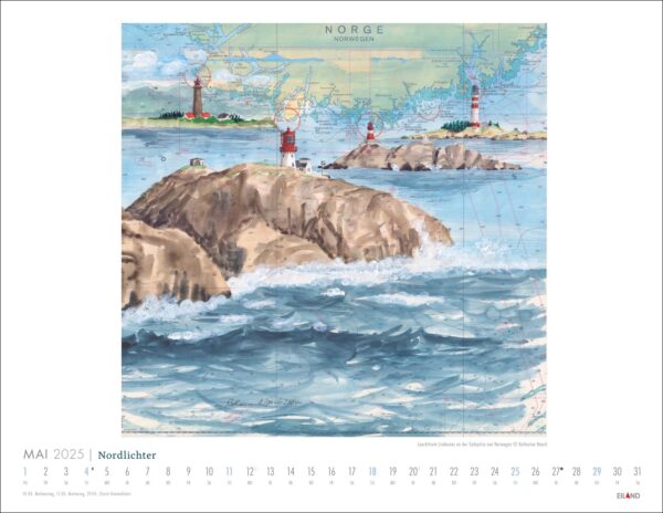 Ein Kalenderblatt von Nordlichter - See(h)karten 2025 für den Monat Mai mit einer stilisierten Karte von Norwegen mit Seefahrts- und Leuchtturm-Illustrationen. Die Tage sind unten ausgerichtet. Künstlerische Wellen und Felsvorsprünge im