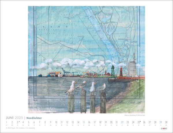 Ein Nordlichter – See(h)karten-Kalender 2025 mit einer Aquarellillustration von Möwen auf einem Dock, einer skurrilen Darstellung einer Hafenstadt und einer halbtransparenten See(h)-Überlagerung.