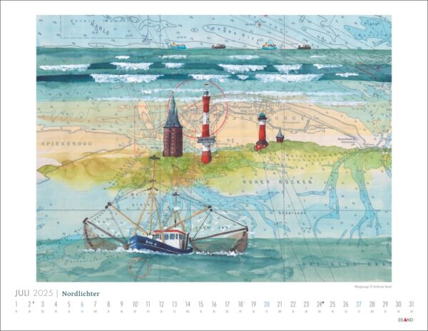 Illustriertes Kalenderblatt für Juli 2025 mit dem Thema Nordlichter - See(h)karten 2025 mit Schiffen, Eisbergen und Leuchttürmen. Es enthält Daten, Namen in