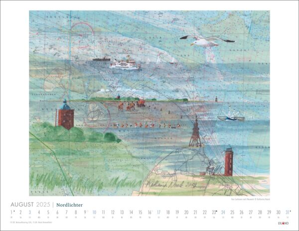 Illustratives Kalenderblatt für August 2025 mit einer Seekarte, überlagert mit Skizzen von Schiffen, Möwen und Küstenszenen, hervorgehoben durch Nordlichter – See(h)karten 2025, komplett mit Raster und Daten.