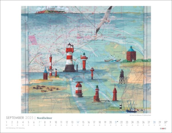 Kalender für September 2025 mit dem Thema „Nordlichter – See(h)karten 2025“, der einen stilisierten Sehkarten-Hintergrund mit verschiedenen Leuchttürmen, einem Wasserflugzeug und einem hochfliegenden Vogel zeigt.