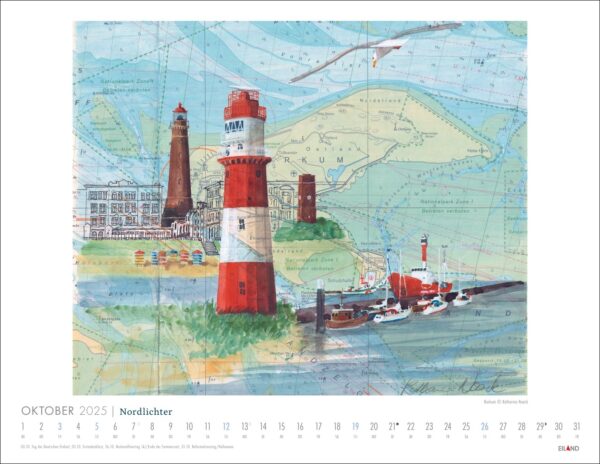 Ein künstlerischer Kalender für Nordlichter - See(h)karten 2025 mit einer Aquarellillustration, die auf einer Seekarte liegt. Er zeigt eine Küstenszene mit zwei Leuchttürmen, Gebäuden und Schiffen, hervorgehoben durch Nordlichter