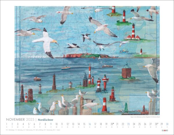 Dieses Bild stellt einen Nordlichter – See(h)karten-Kalender 2025 mit einem detaillierten künstlerischen Hintergrund dar, der eine maritime Szene mit verschiedenen Möwen im Flug über einer See(h)karte mit zahlreichen Leuchttürmen zeigt, von denen jeder einzigartig ist.