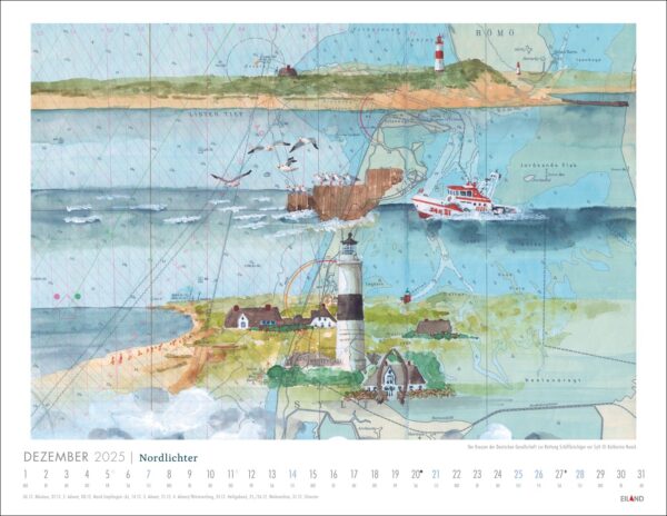 Ein Nordlichter - See(h)karten-Kalender 2025 für Dezember mit einer stilisierten Karte mit Leuchtturm, Fähre und kleinen Häusern. Vögel fliegen über einer ruhigen, von Nordlichtern beleuchteten Küstenlandschaft, mit darüber gelegtem Kalender.