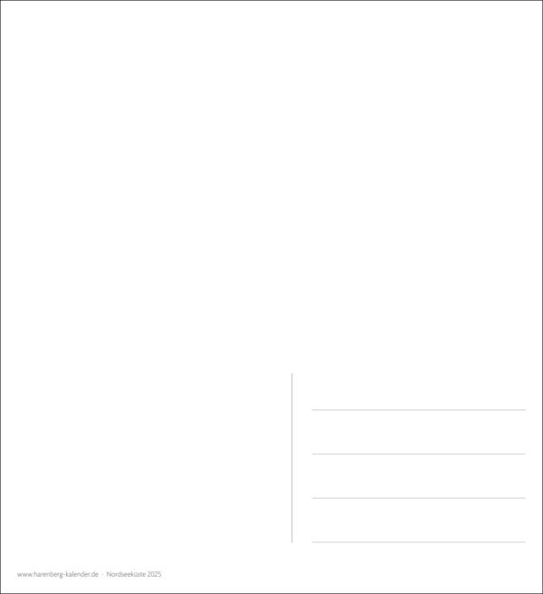 Eine leere Postkartenvorlage mit einem schlichten weißen Hintergrund und einem kleinen, zentrierten Rechteck auf der rechten Seite mit drei horizontalen Linien zum Schreiben einer Adresse und einem kleinen vertikalen Kästchen zum Platzieren einer Briefmarke. Der Fußzeilentext lautet „www.harzberg-kalender.de – norddeutsch 2025“.
