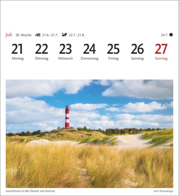 Eine Kalenderseite für Juli mit einem ruhigen Landschaftsfoto eines rot-weißen Leuchtturms inmitten von Sanddünen mit üppigem Grün und dem Titel „Leuchtturm in den Dünen von Amrum“.