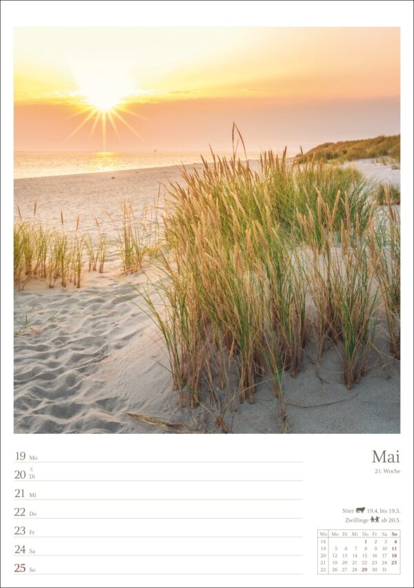 Ein ruhiger Strand bei Sonnenuntergang. Die Sonne steht nahe dem Horizont und wirft einen warmen Schein auf die Szene. Im Vordergrund wiegen sich hohe Gräser sanft und ein weicher Sandpfad führt zum Meer. In der unteren rechten Ecke ist ein Kalender mit Tagen und Daten sichtbar.