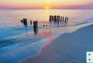 Sonnenuntergang über einem ruhigen Meer mit den Überresten eines Holzstegs, die aus dem Wasser ragen. Sanfte Wellen berühren das Ufer unter einem Himmel in Rosa- und Blautönen und feiern Küste – Es ist Sommer.